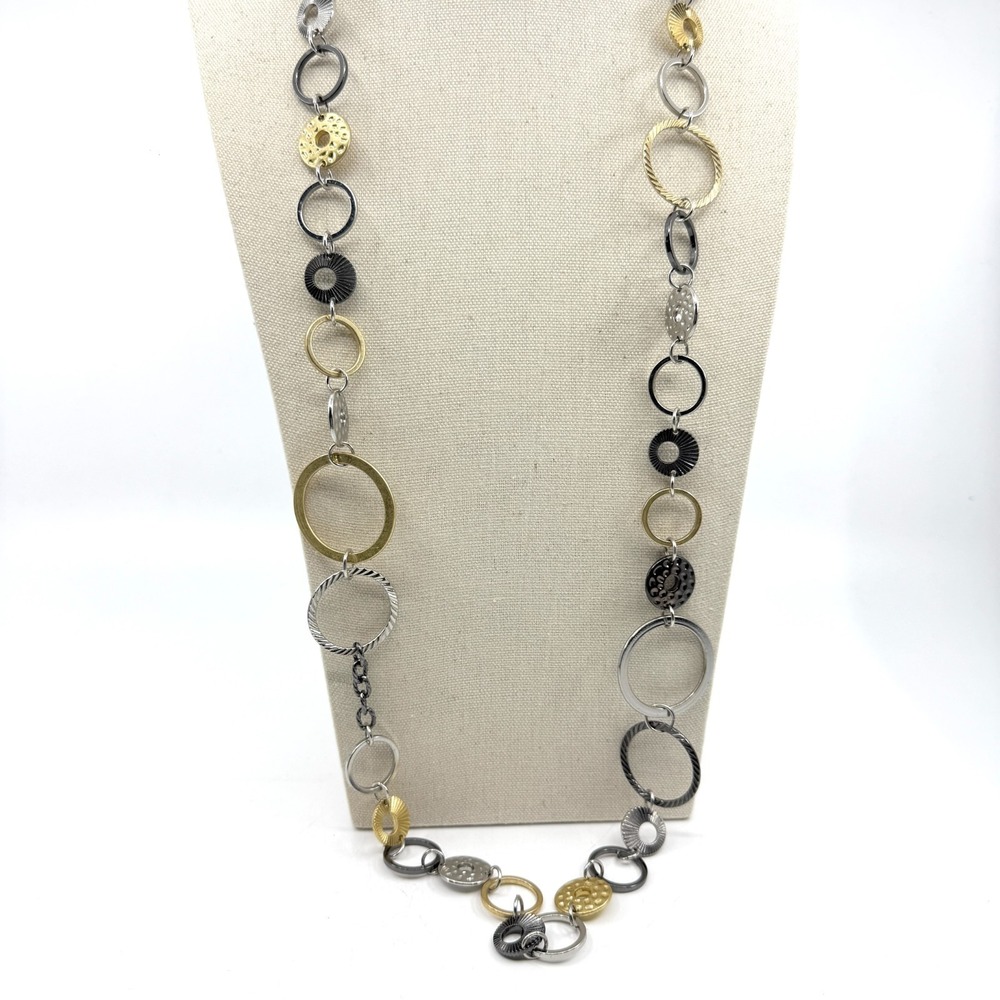 Y2K Mixed Metal Interlocking Circle Statement Necklace Long Chain Jewelry